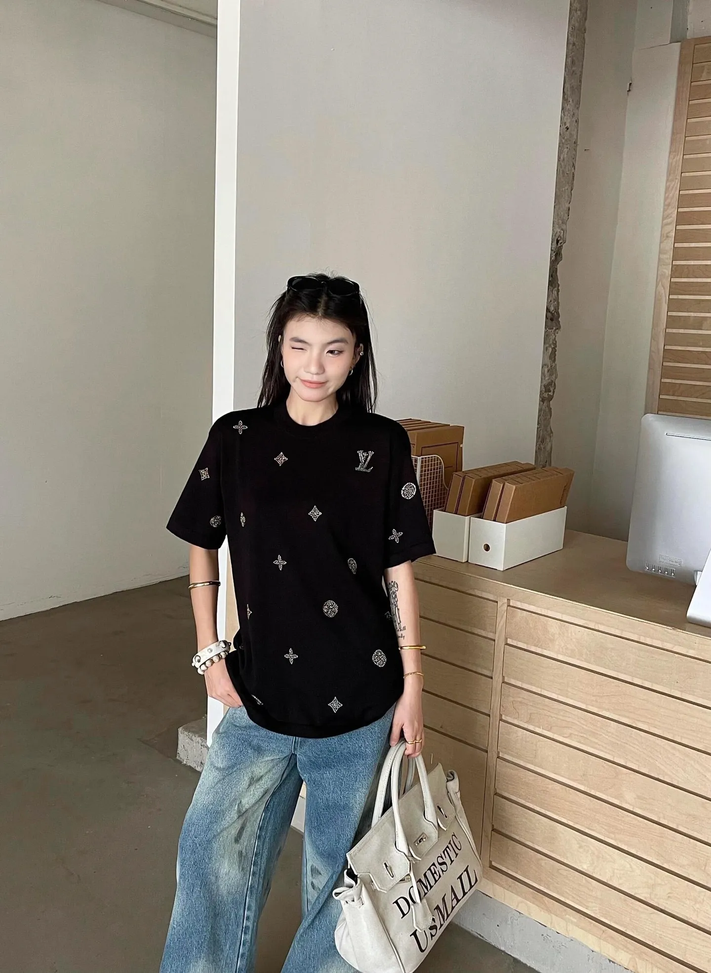 Louis Vuitton/Louis Vuitton 26ss presbyopia hot diamond knitted short sleeves